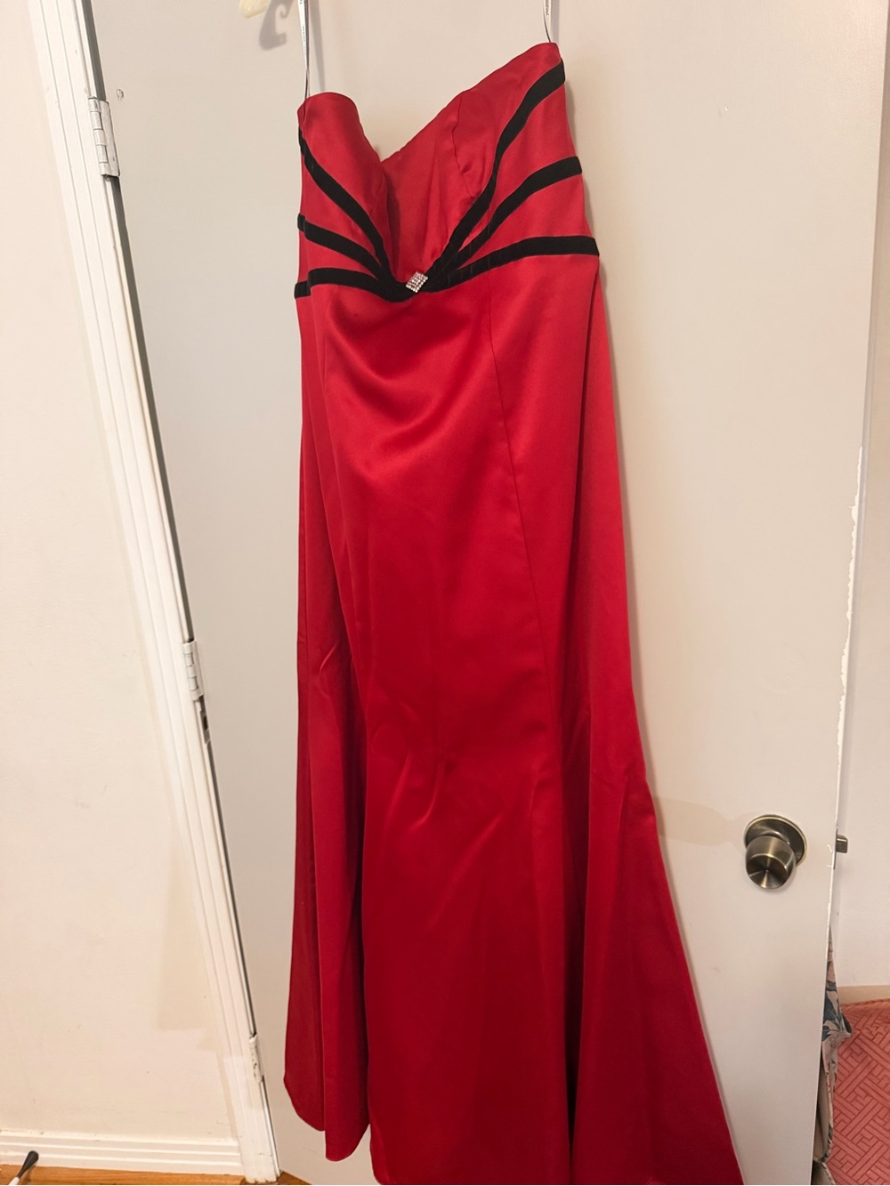 David's Bridal Strapless Red Satin Evening Gown with Black Trim